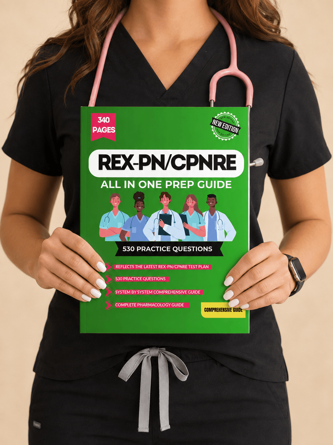A nurse holding the NursePro printed preparation guide for the Canadian practical nurse exams