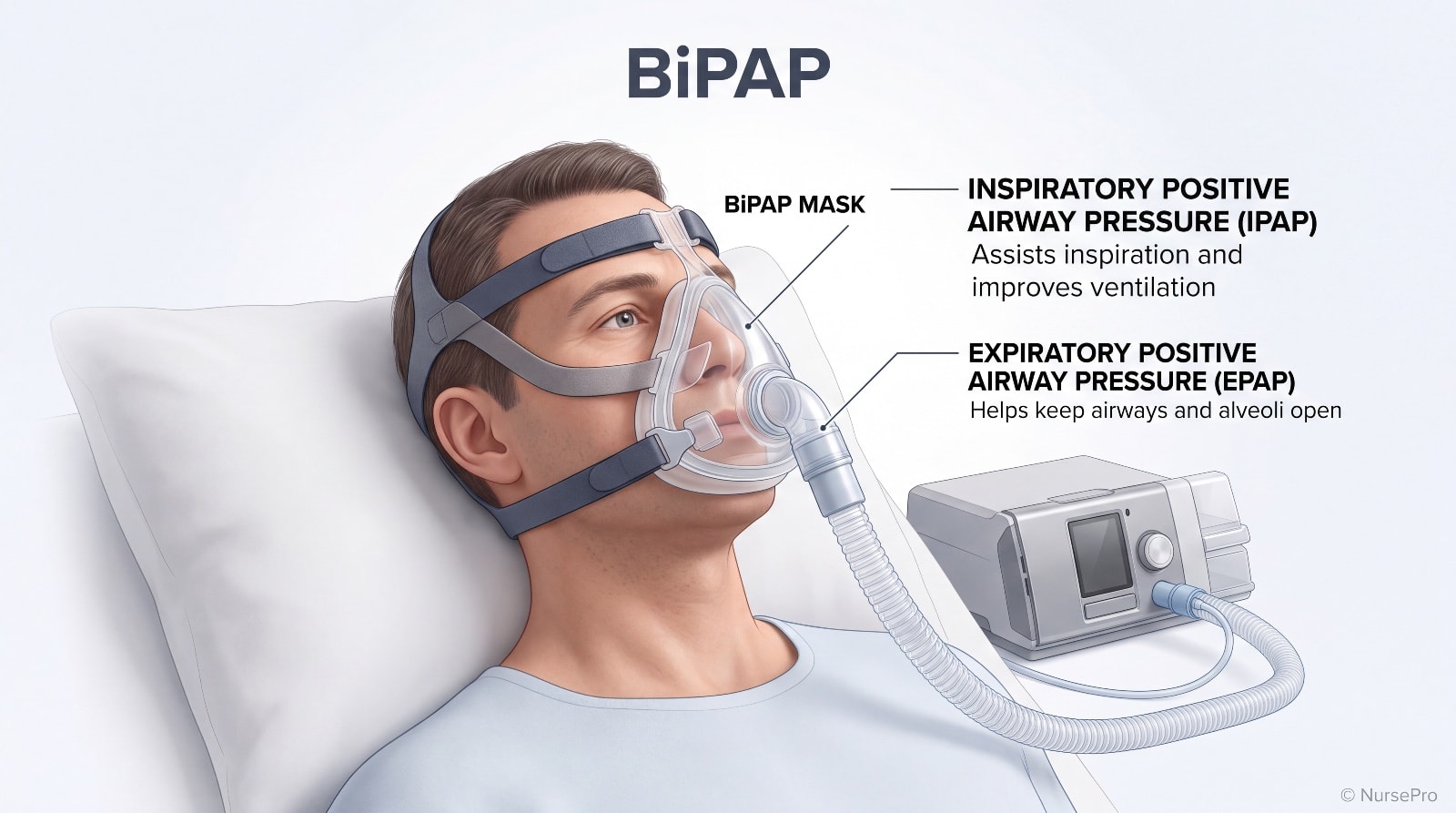 BiPAP: a client wearing a bilevel positive airway pressure mask connected to a bedside machine, labelled to show inspiratory positive airway pressure assisting inspiration and expiratory positive airway pressure holding the airways and alveoli open.