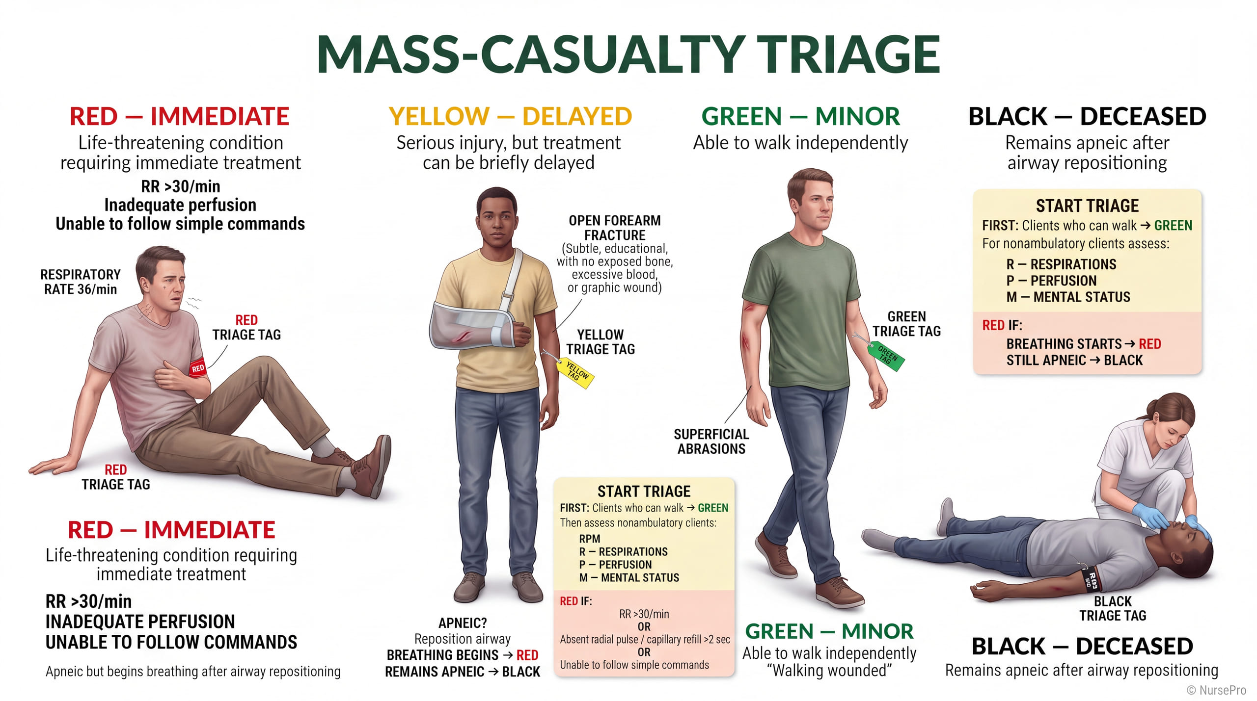 Mass-casualty triage: four clients tagged red for immediate, yellow for delayed, green for minor and black for deceased, with the START rule of walking clients first and then respirations, perfusion and mental status.