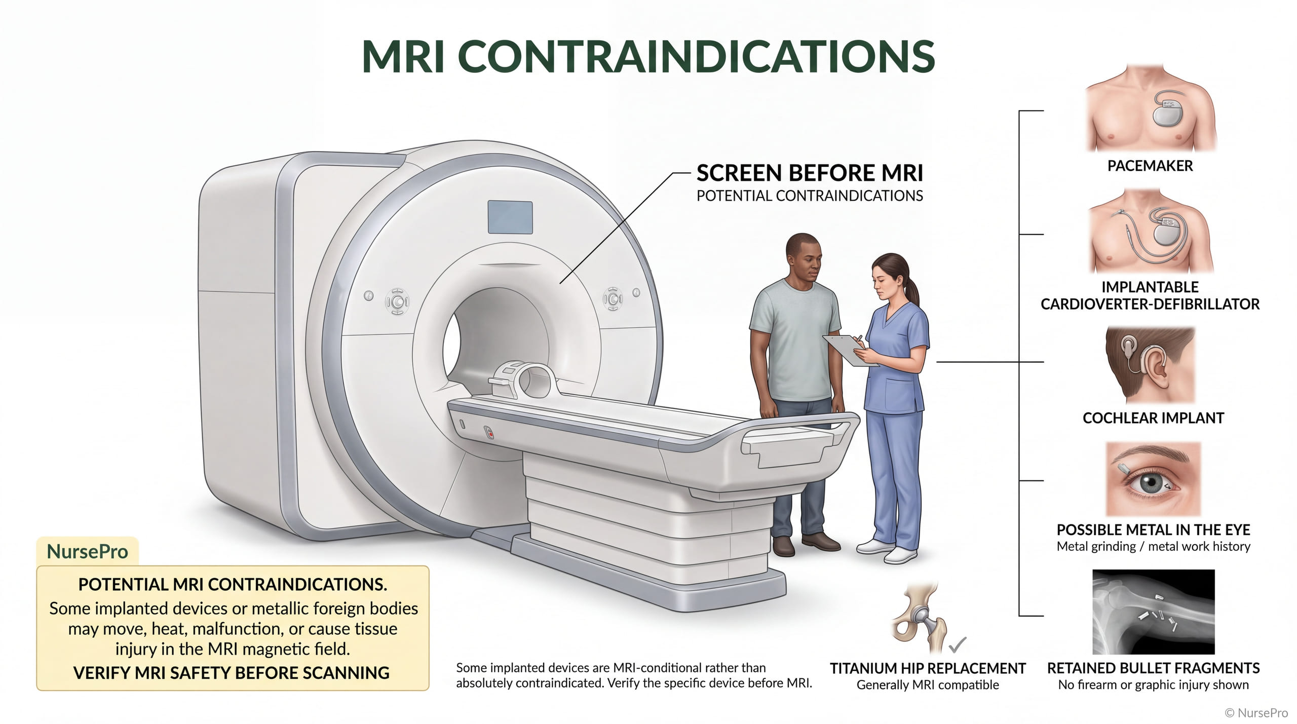 MRI contraindications: a nurse screening a client before a scan, with a pacemaker, an implantable cardioverter-defibrillator, a cochlear implant, possible metal in the eye and retained bullet fragments shown as potential contraindications.