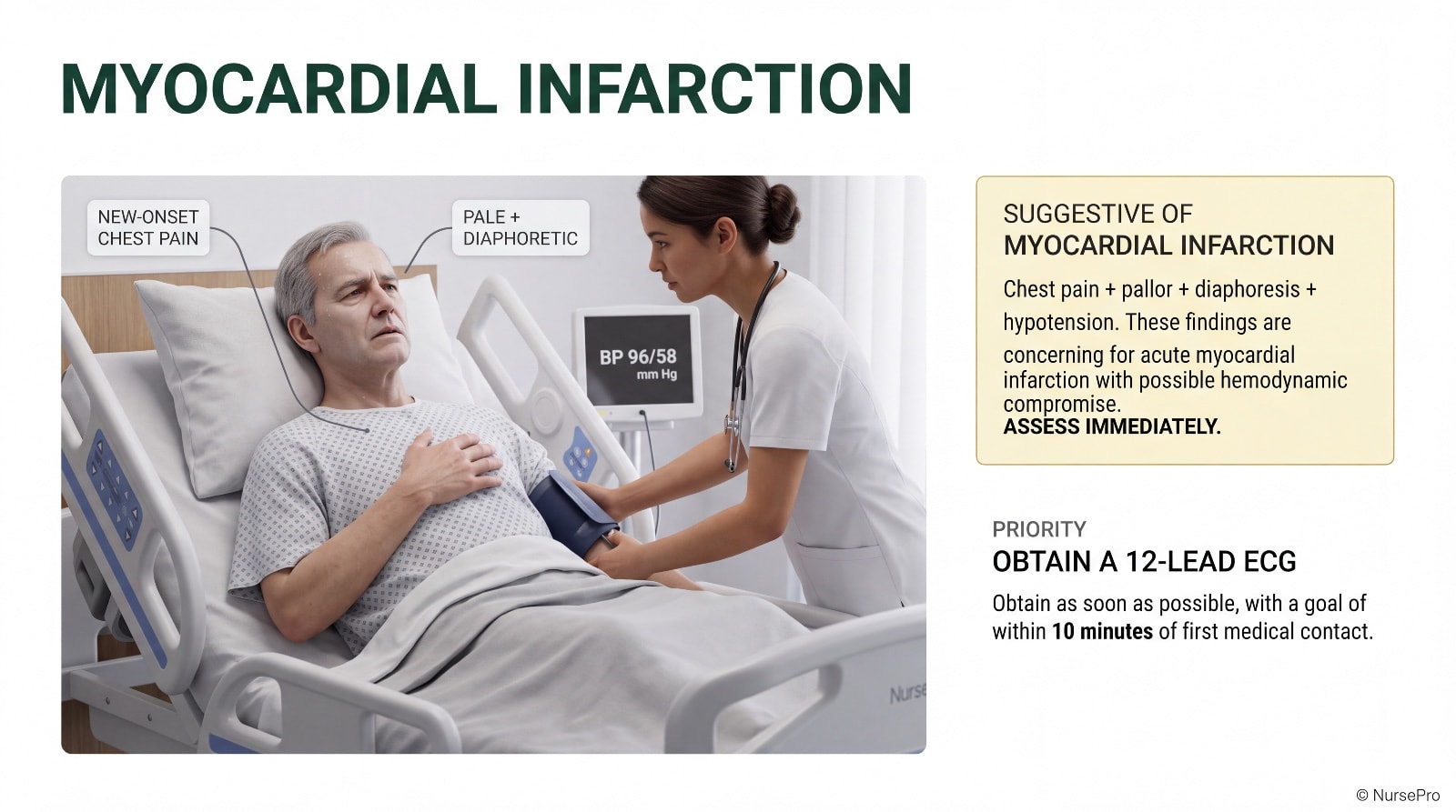 Myocardial infarction: a pale, diaphoretic client with new-onset chest pain and a blood pressure of 96/58, with the priority action to obtain a 12-lead ECG within 10 minutes of first medical contact.