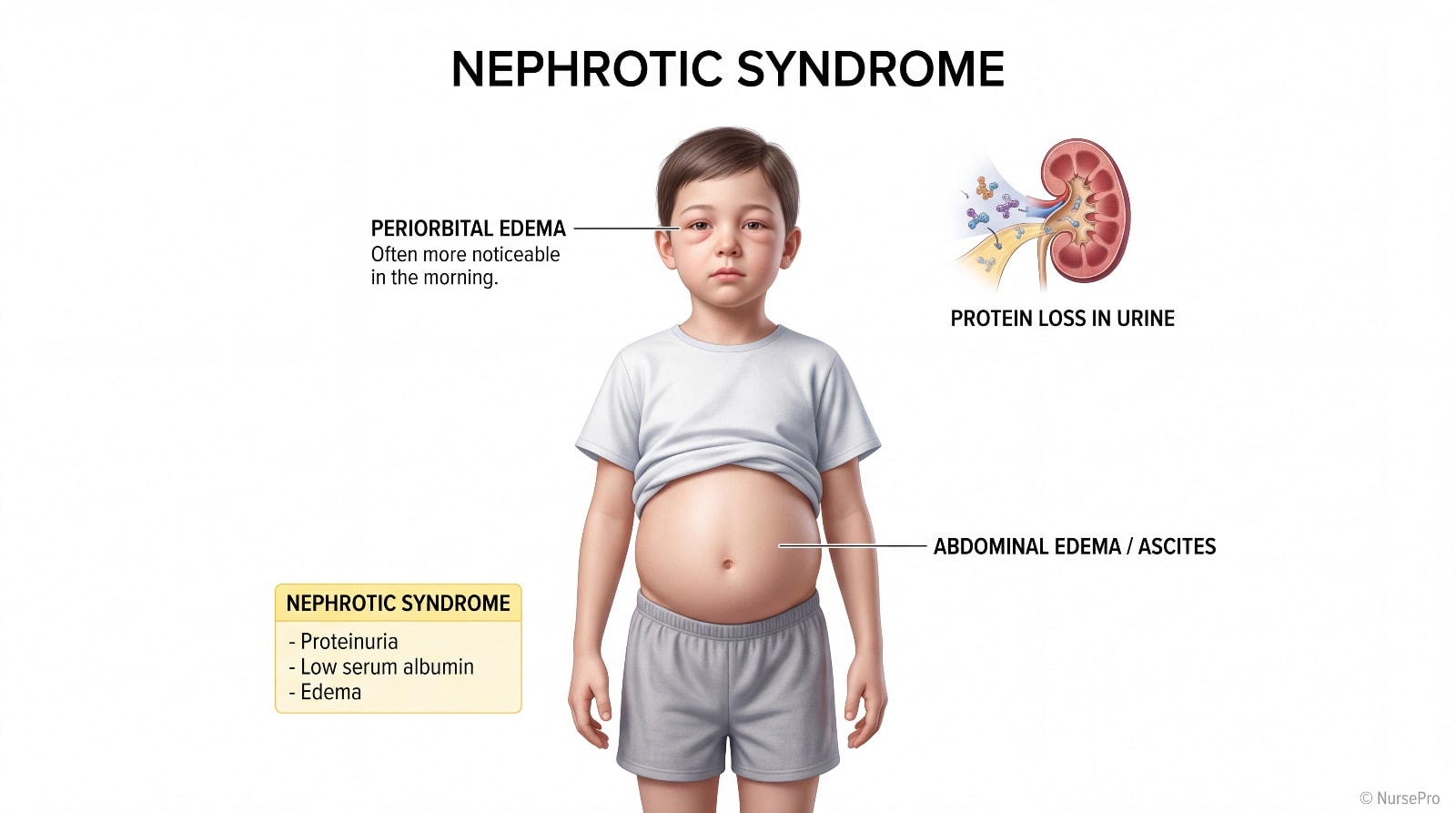 Nephrotic syndrome in a child: puffy eyelids and a distended abdomen from generalized edema, with an inset of the kidney showing protein leaking into the urine.
