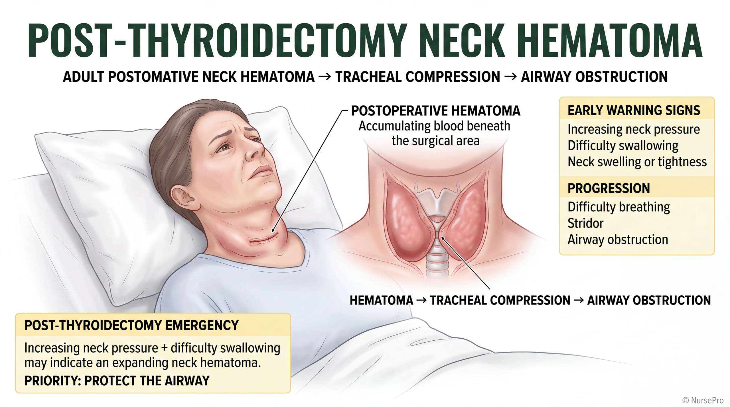 Post-thyroidectomy neck hematoma: a client after thyroid surgery with neck swelling, showing blood collecting beneath the surgical site and compressing the trachea, with increasing neck pressure and difficulty swallowing as early warning signs.