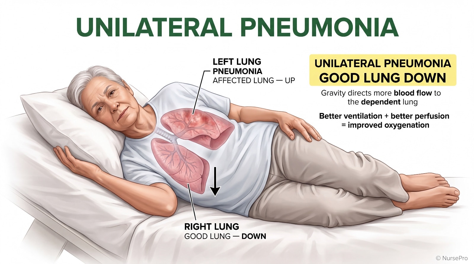 Unilateral pneumonia: a client turned onto the side of the healthy lung so that gravity sends blood to the better-ventilated lung, the good-lung-down position.