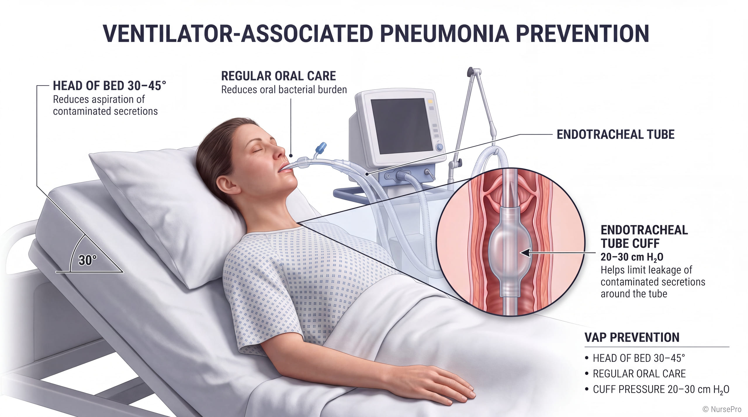 Ventilator-associated pneumonia prevention: a ventilated client with the head of the bed at 30 degrees, regular oral care, and an endotracheal tube cuff held at 20 to 30 cm of water to limit leakage of contaminated secretions.